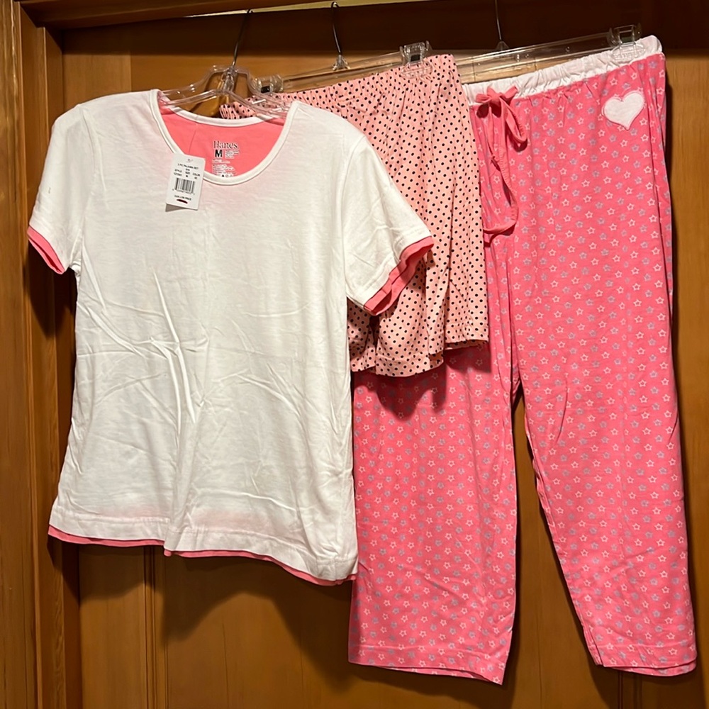 Hanes Pink/White Lounger T-Shirt, Pink/White Pant, and Pink/Black Shorts Set